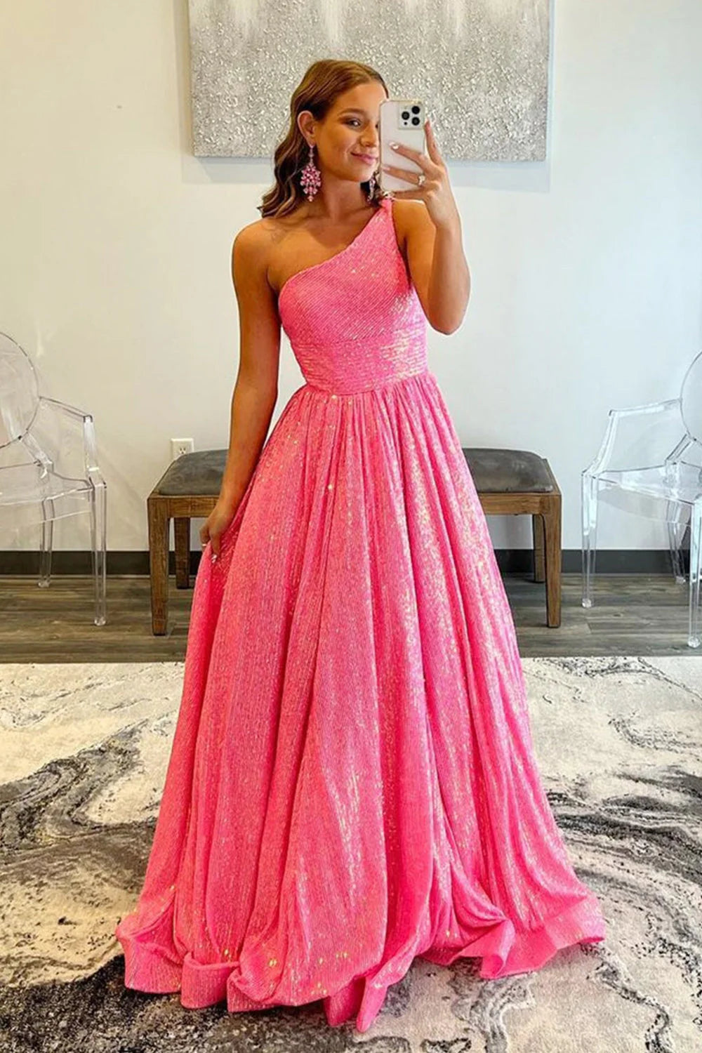 Sparkly One Shoulder A Line Sequins Prom Dress